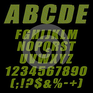 Alphabet, letters, numbers and signs from green, khaki stripes. Isolated vector objects.